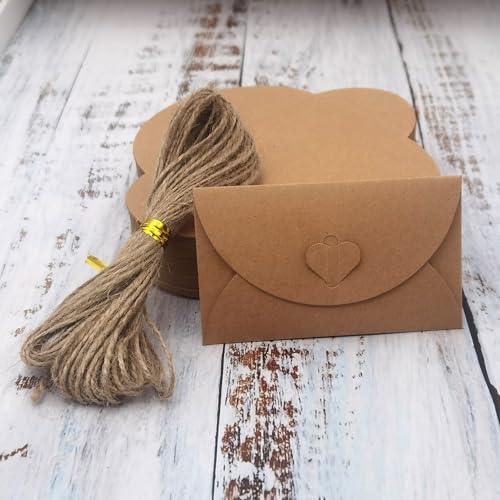 INSPIRELLE 100 Pack Gift Card Envelopes 4" x 2.8" Mini Envelopes Small Kraft Paper Heart Envelopes with 10M Jute Twine - SHOP NO2CO2