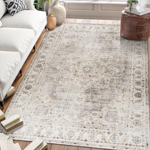 ReaLife Machine Washable Area Rug - Stain Resistant, Non-Shed - Eco-Friendly, Non-Slip, Family & Pet Friendly - Made from Premium Recycled Fibers - Vintage Bohemian Medallion - Beige Ivory, 4' x 6' - SHOP NO2CO2