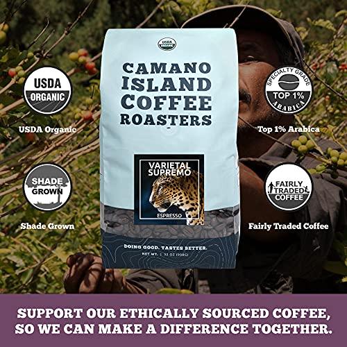 Camano Island Coffee Roasters Varietal Supremo Espresso Blend, Whole Bean 2lb, Fresh Dark Roast, USDA Organic, Fairly Traded, Shade Grown Arabica, Chocolate, Caramel, Hint of Spice Flavor Profile - SHOP NO2CO2