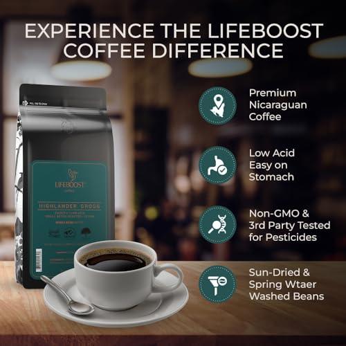 Lifeboost Highlander Grogg Whole Bean Coffee - Low Acid Single Origin USDA Organic Coffee - Non-GMO Highlander Grogg Coffee Beans Third Party Tested For Mycotoxins & Pesticides - 12 Ounces - SHOP NO2CO2