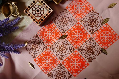 Tile pattern block printing stamp made of wood in square shape, intricate pattern fabric stamp from India for eco friendly sustainable gift - SHOP NO2CO2