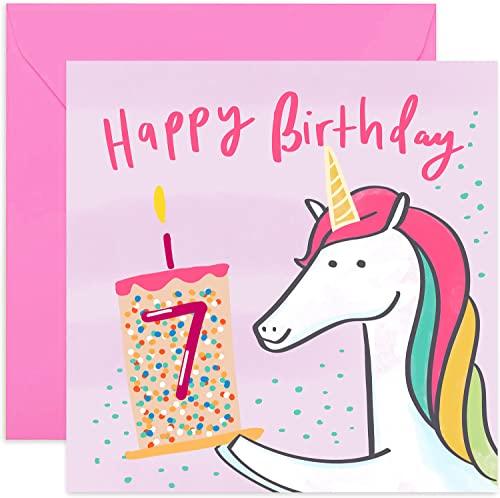 Old English Co. Happy 7th Unicorn Birthday Card - Square Seventh Birthday Wishes Card | Suitable for Baby, Son, Daughter, Child | Blank Inside & Envelope Included - SHOP NO2CO2