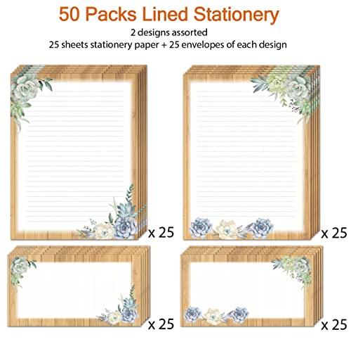 Lined Stationary Set with Envelopes 50 Writing Stationary Paper and 50 Envelopes - 8.5 x 11 Inch Succulent Lines Stationary Set Letter Writing Paper, 2 Designs Assorted Stationery Paper Set - SHOP NO2CO2