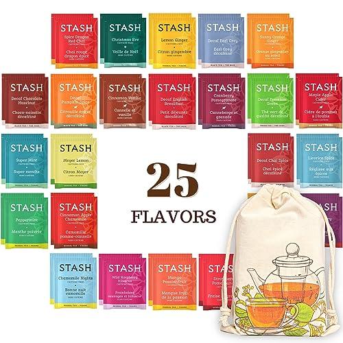 Stash Herbal and Decaf Tea Bags - Caffeine-Free Sampler Variety Pack - 25 Flavors, 50 Count/w Cotton Pouch - SHOP NO2CO2