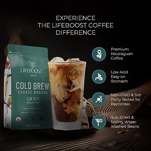 Lifeboost Medium Cold Brew Coffee - Low Acid Coarse Ground Coffee for Cold Brew - Single Origin Non-GMO USDA Organic Cold Brew Coffee Grounds - 3rd Party Tested For Mycotoxins & Pesticides - 12 Ounces - SHOP NO2CO2