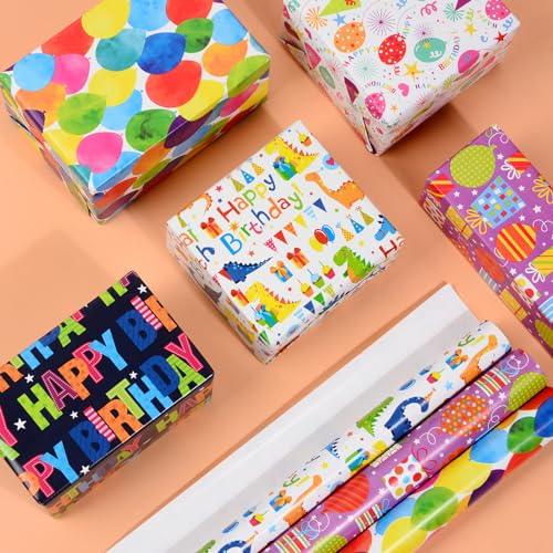 Wrapping Paper Rolls Birthday - 5 Rolls 43cm x 300cm Recyclable Happy Birthday Wrapping Paper Rolls Birthday Gift Wrap for Kids Girl Boy - SHOP NO2CO2