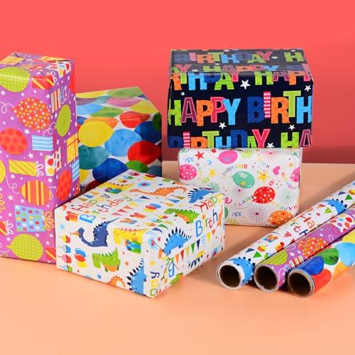 Wrapping Paper Rolls Birthday - 5 Rolls 43cm x 300cm Recyclable Happy Birthday Wrapping Paper Rolls Birthday Gift Wrap for Kids Girl Boy - SHOP NO2CO2