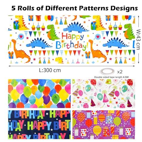 Wrapping Paper Rolls Birthday - 5 Rolls 43cm x 300cm Recyclable Happy Birthday Wrapping Paper Rolls Birthday Gift Wrap for Kids Girl Boy - SHOP NO2CO2