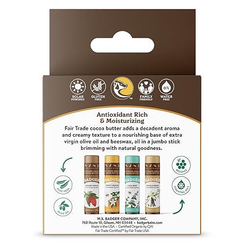 Badger - Cocoa Butter Lip Balm Set, Fair Trade, Certified Organic Lip Butter, Flavored, Cocoa, Vanilla, Orange, Mint, 0.25 oz (4 Pack) - SHOP NO2CO2