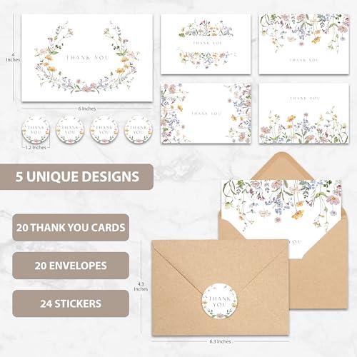 Floral Thank You Cards With Envelopes (20 pack 4x6) - Wildflower Thank You Cards With Adhesive Envelope & Stickers - Thank You Cards for Special Gift - SHOP NO2CO2