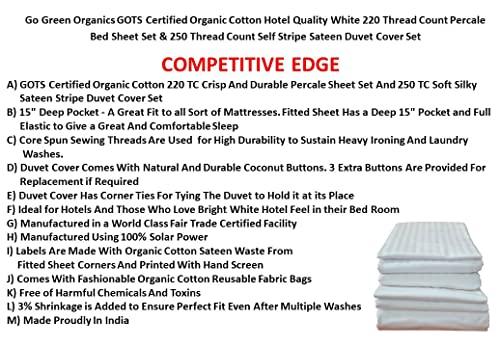 100% Organic Cotton GOTS Certified Crisp and Cooling Percale Bed Sheet Set & Soft Stripe Sateen Duvet Cover Set Combo Pack, 7 Piece Set, Luxurious Hotel White, Queen Size - SHOP NO2CO2