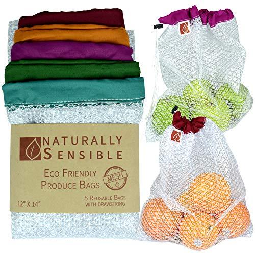 The Original Eco Friendly See Through Washable and Reusable Produce Bags - Soft Premium Lightweight Nylon Mesh Large - 12x14in - Set of 5 (Red, Yellow, Green, Blue, Purple) - SHOP NO2CO2