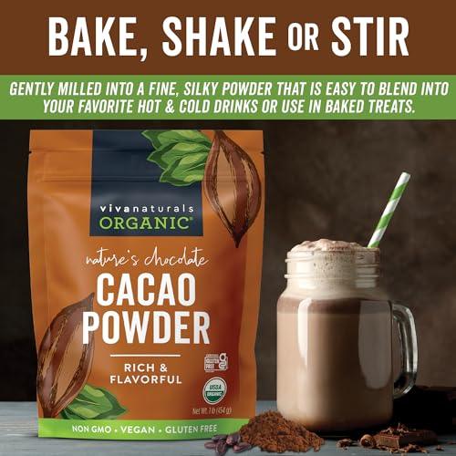 Viva Naturals Organic Cacao Powder, 1lb - Unsweetened Cacao Powder With Rich Dark Chocolate Flavor, Perfect for Baking & Smoothies, Non-GMO, Certified Vegan & Gluten-Free, 454 g - SHOP NO2CO2