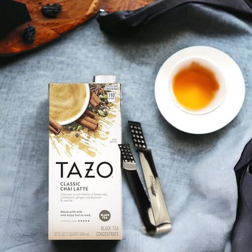 TAZO Classic Chai Latte, Aromatic Chai Latte Tea Blend with Cinnamon & Vanilla, Black Tea Concentrate, Easy to Make Hot or Cold, Includes Moofin Silver SS Tea Bag Squeezer Chai Tea (Pack of 2) - SHOP NO2CO2