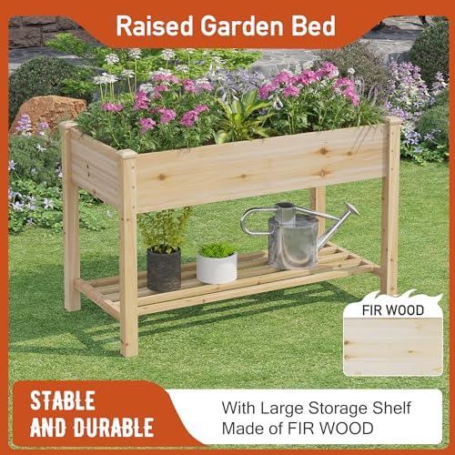 Raised Garden Bed with Shelf,Elevated Wooden Planter Box with Legs,Garden Planter for Backyard, Patio, Balcony,200lb Capacity - Natural - SHOP NO2CO2