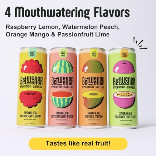 Betweener Sparkling Energy, Sparkling Water w/Real Juice & 100mg Caffeine, Light & Refreshing, L-Theanine for Focus, Vitamins B+C - Low Sugar - 45 Cals - Raspberry Lemon (12 Pack) - SHOP NO2CO2