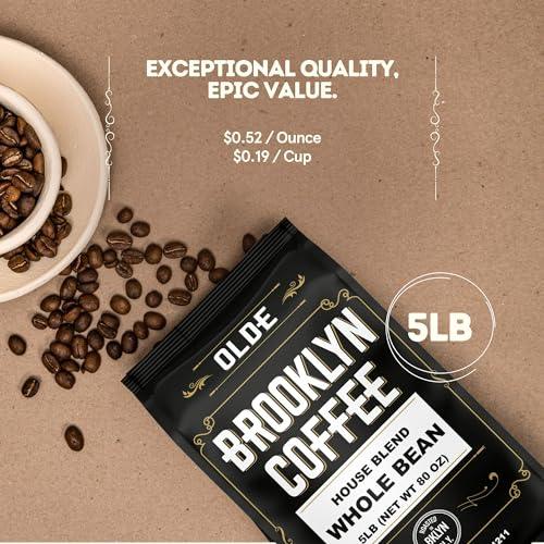 BROOKLYN COFFEE Whole Bean, House Blend Medium Roast (5lb) Balanced, Breakfast, Classic - Fresh Bulk Coffee Beans Roasted Weekly in NYC - SHOP NO2CO2