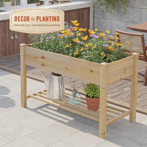 Raised Garden Bed with Shelf,Elevated Wooden Planter Box with Legs,Garden Planter for Backyard, Patio, Balcony,200lb Capacity - Natural - SHOP NO2CO2