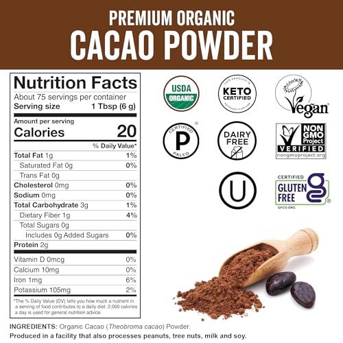 Viva Naturals Organic Cacao Powder, 1lb - Unsweetened Cacao Powder With Rich Dark Chocolate Flavor, Perfect for Baking & Smoothies, Non-GMO, Certified Vegan & Gluten-Free, 454 g - SHOP NO2CO2