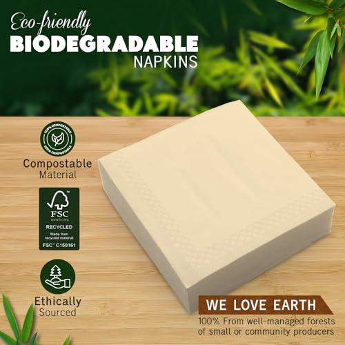 300 Pack 2-Ply Compostable Napkins - FSC Certified 5x5 Inch Folded Post Consumer Recycled Napkins - Highly Absorbent Eco friendly Bamboo, Disposable Biodegradable Napkins for Dining & Events - SHOP NO2CO2