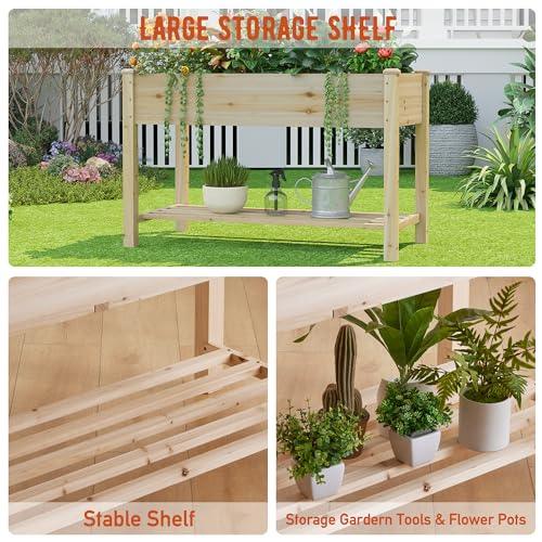 Raised Garden Bed with Shelf,Elevated Wooden Planter Box with Legs,Garden Planter for Backyard, Patio, Balcony,200lb Capacity - Natural - SHOP NO2CO2