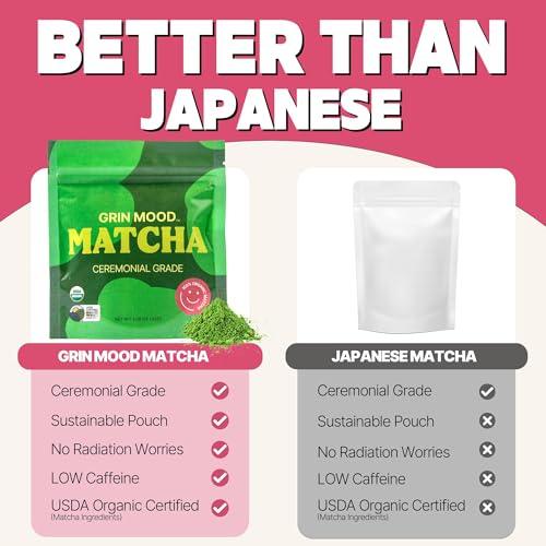 GRIN MOOD Matcha Powder Ceremonial Grade | Decaffeinated Green tea, 100% USDA Organic (2.12oz) - SHOP NO2CO2