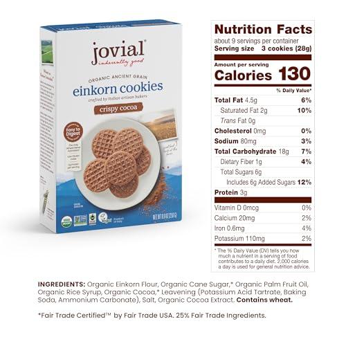 Jovial Organic Einkorn Crispy Cocoa Cookies - Organic Cookies, Vegan Cookies, High Protein, Fair Trade Certified, All Natural Ingredients, Low Carb, Low Sugar, Palm Done Right - 8.8 Oz - SHOP NO2CO2