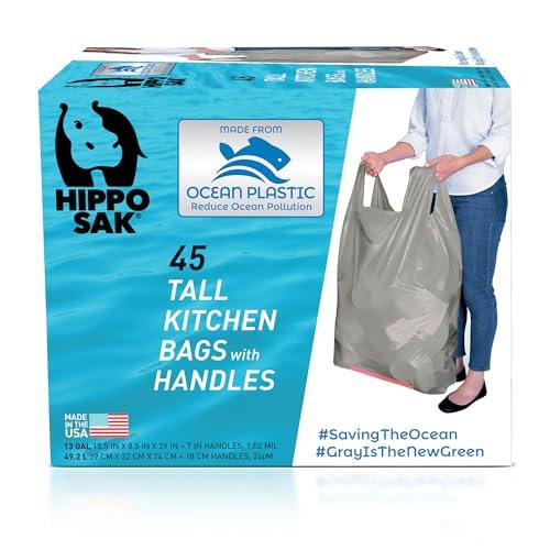 Hippo Sak - Tall Kitchen Garbage Bags with Ergonomic Handles - 13 Gallon Trash Bags Made from Recycled Ocean Bound Plastic - Super Strong and Leak Proof Tall Kitchen Trash Bags (45 Count) - SHOP NO2CO2