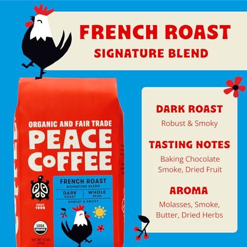 Peace Coffee French Roast | 20 oz Whole Bean Dark Roast | Organic Fair Trade | Soft, Gentle Flavor | Shade Grown, Fresh Roasted - SHOP NO2CO2