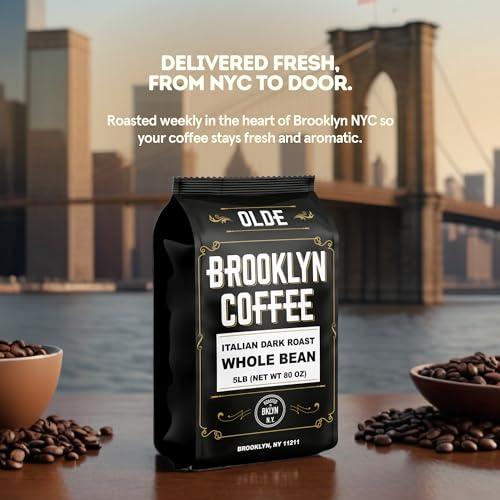 BROOKLYN COFFEE Whole Bean, Italian Dark Roast (5lb) Extra Strong, Delicious Taste, Heavenly Aroma - Fresh Bulk Coffee Beans Roasted Weekly in NYC - SHOP NO2CO2