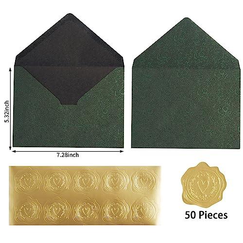 50 Pieces A7 Envelopes 5x7 Card Envelopes Vines Flower Texture Pattern V Flap Luxury Mailing Envelopes with Gold Stickers for Invitations, Wedding, Graduation, Baby Shower (Rose - Dark Green) - SHOP NO2CO2