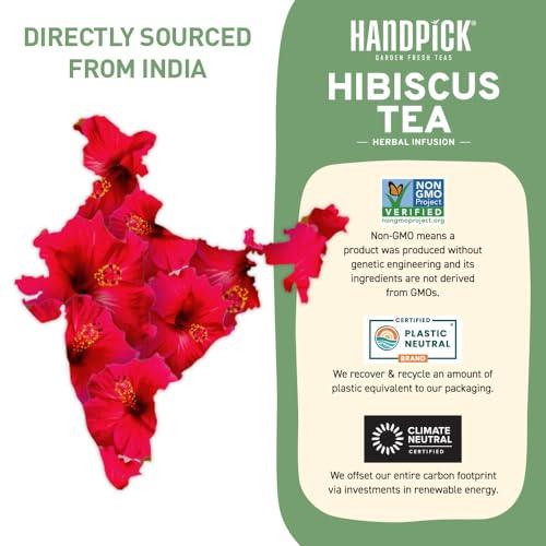 HANDPICK, Hibiscus Tea, Eco-Conscious Tea Bags - 100 Count | Caffeine Free, Pure Ingredients - Hibiscus Flowers | Brew Hot, Iced Tea or Kombucha Tea | Round Nutritious Herbal Tea Bags - SHOP NO2CO2