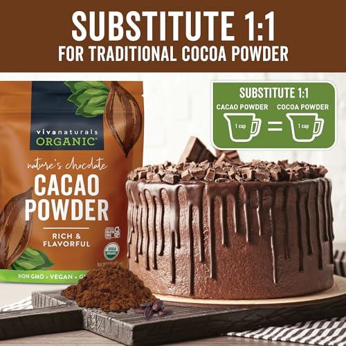 Viva Naturals Organic Cacao Powder, 1lb - Unsweetened Cacao Powder With Rich Dark Chocolate Flavor, Perfect for Baking & Smoothies, Non-GMO, Certified Vegan & Gluten-Free, 454 g - SHOP NO2CO2