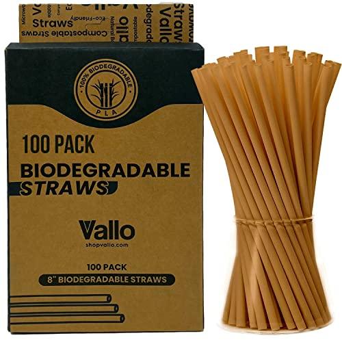 Vallo Compostable Drinking Straws - 100% Biodegradable, Recyclable, Non-Soggy, Suitable for Hot and Cold Drinks, Eco-friendly Sugarcane Material, NOT Paper, 8" Standard Size - 100 Count - SHOP NO2CO2