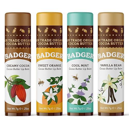 Badger - Cocoa Butter Lip Balm Set, Fair Trade, Certified Organic Lip Butter, Flavored, Cocoa, Vanilla, Orange, Mint, 0.25 oz (4 Pack) - SHOP NO2CO2