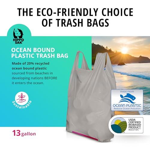 Hippo Sak - Tall Kitchen Garbage Bags with Ergonomic Handles - 13 Gallon Trash Bags Made from Recycled Ocean Bound Plastic - Super Strong and Leak Proof Tall Kitchen Trash Bags (45 Count) - SHOP NO2CO2