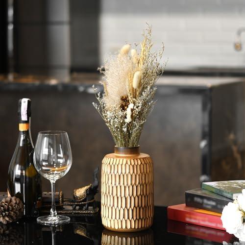 Aeravida Uniquely Etched Scales Textured Cylindrical Mango Tree Wooden Vase | Mango Tree Wood Kitchen Decor | Handmade Vase | Carved Shaped Vase | Handmade Home Office Table Vase Light Brown - SHOP NO2CO2