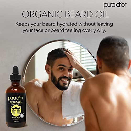 PURA D'OR 4 Oz ORGANIC Beard Oil - USDA Certified - 100% Natural Leave-In Conditioner, Argan & Jojoba Oil - Mustache Care & Maintenance, Increase Softness & Strength - Beard Hair, Skin & Face - SHOP NO2CO2