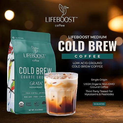 Lifeboost Medium Cold Brew Coffee - Low Acid Coarse Ground Coffee for Cold Brew - Single Origin Non-GMO USDA Organic Cold Brew Coffee Grounds - 3rd Party Tested For Mycotoxins & Pesticides - 12 Ounces - SHOP NO2CO2