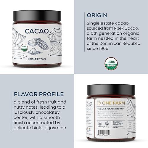 One Farm by WAAYB Organic Cacao, Single Estate, Non-GMO, Fair-Trade, Vegan, Gluten Free, 100% Raw Rizek Cacao in Resealable Bag for Cooking, Smoothies, Lattes & Baking (2.6 oz Jar, Powder) - SHOP NO2CO2