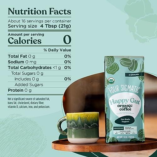 Four Sigmatic Happy Gut Organic Ground Coffee | Medium Roast Fair Trade Gourmet Coffee with Chaga & Turkey Tail | Immune Boosting, Probiotic Mushroom Coffee for Gut Health & Immune Support | 12oz Bag - SHOP NO2CO2