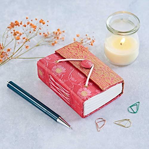 Sari Journal Mini 8cm x 10cm - Pink - Unlined Recycled Paper - Elastic Closure - Pocket Notebook and Diary - Indian Stationery Gift - for Men Women Students - Sari Fabric - SHOP NO2CO2