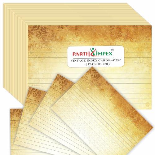 PARTH IMPEX Ruled Lined Vintage Index Note Cards, 250 Count Single Side Printed White Back 4" x 6" for Studying Home and Office Flashcards, 120 Gsm Offset Paper Flash Cards - SHOP NO2CO2