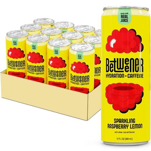 Betweener Sparkling Energy, Sparkling Water w/Real Juice & 100mg Caffeine, Light & Refreshing, L-Theanine for Focus, Vitamins B+C - Low Sugar - 45 Cals - Raspberry Lemon (12 Pack) - SHOP NO2CO2