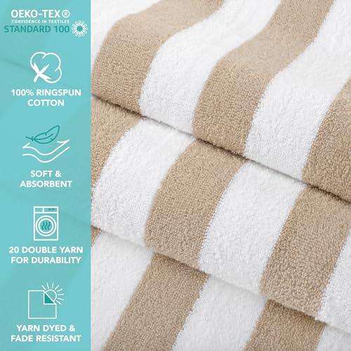 Arkwright California Cabana Stripe Beach Towel - Pack of 4 - Large Soft Quick Dry Cotton Terry Towels Set for Pool, Swim, and Hot Tub, Oversized 30 x 70 in, Beige - SHOP NO2CO2