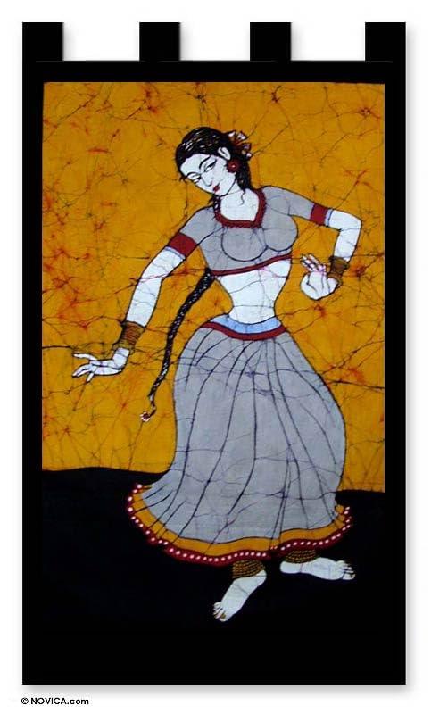 NOVICA Artisan Handmade Cotton Batik Wall Hanging Fair Trade Yellow Grey India Decor Hangings [31.5in L x 19in W] ' Young Dancer' - SHOP NO2CO2