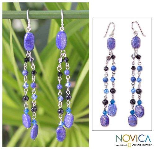 NOVICA Artisan Handmade Lapis Lazuli Earrings Fair Trade Dangle Sterling Silver Glass Bead Blue Waterfall Beaded Thailand Birthstone [3.5 in L x 0.6 in W] ' Blue Rain Shower' - SHOP NO2CO2