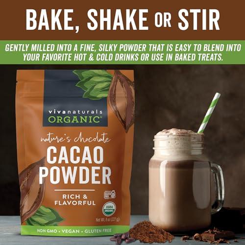 Viva Naturals Organic Cacao Powder, 8 oz - Unsweetened Cocoa Powder With Rich Dark Chocolate Flavor, Perfect for Baking & Smoothies - Certified Vegan, Keto & Paleo, Non-GMO & Gluten-Free, 227 g - SHOP NO2CO2