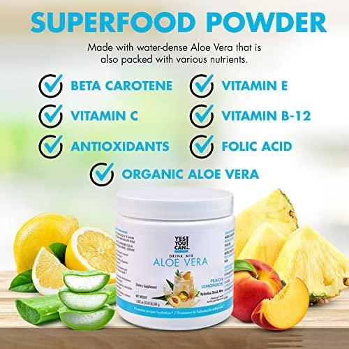 Yes You Can! Organic Aloe Vera Drink Mix - Super Greens Powder - Energy Drink Powder - Pure Aloe Juice Infused - Organic Superfoods - Made in The USA - Peach Lemonade - 40 Servings (Pack of 4) - SHOP NO2CO2