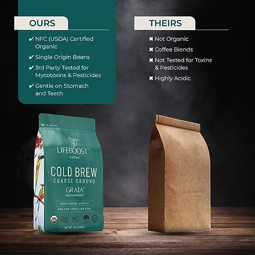 Lifeboost Medium Cold Brew Coffee - Low Acid Coarse Ground Coffee for Cold Brew - Single Origin Non-GMO USDA Organic Cold Brew Coffee Grounds - 3rd Party Tested For Mycotoxins & Pesticides - 12 Ounces - SHOP NO2CO2